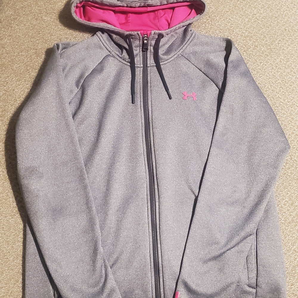 Under Armour Gray and Pink Cold Gear Hooded Jacket Womens Size Large Loose